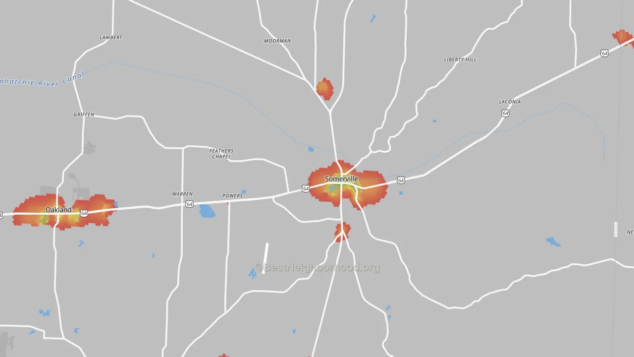 Walk Grade map of Somerville, TN, walkable areas in green and car-dependent areas in red