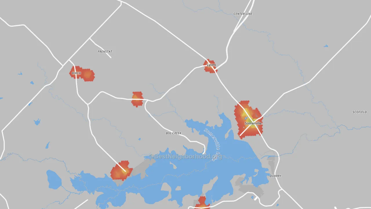 Walk Grade map of Somerville, TX, walkable areas in green and car-dependent areas in red