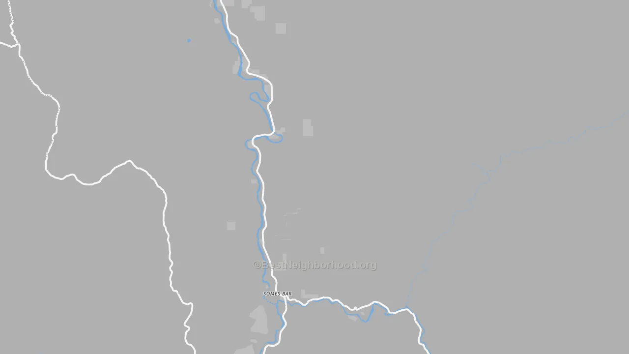 Walk Grade map of Somes Bar, CA, walkable areas in green and car-dependent areas in red