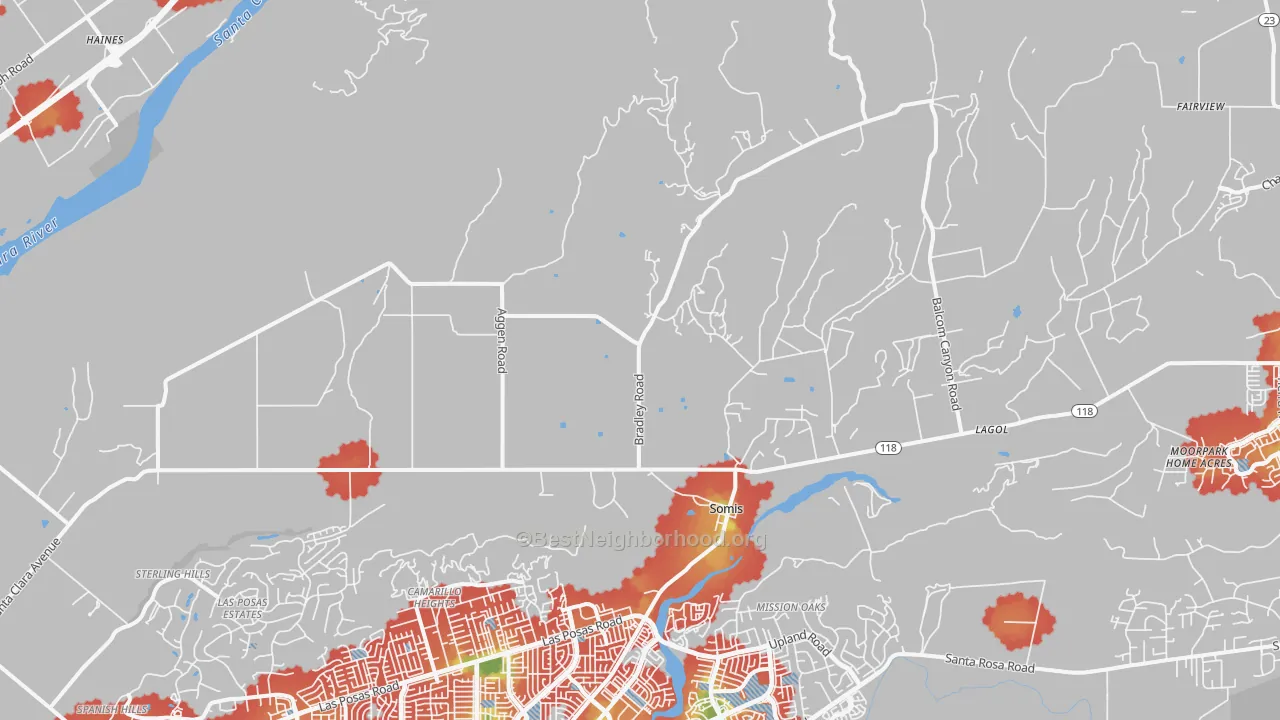 Walk Grade map of Somis, CA, walkable areas in green and car-dependent areas in red