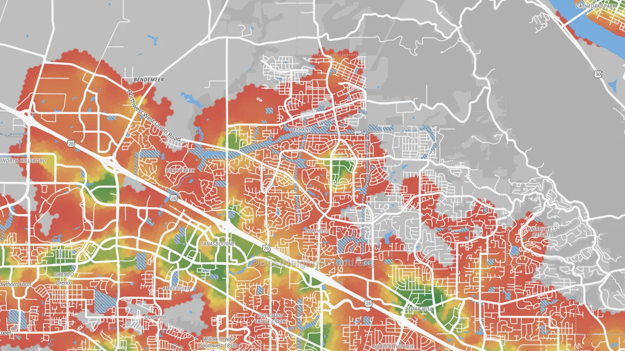 Walk Grade map of Sommerset West-Elmonica North, Bethany, OR, walkable areas in green and car-dependent areas in red