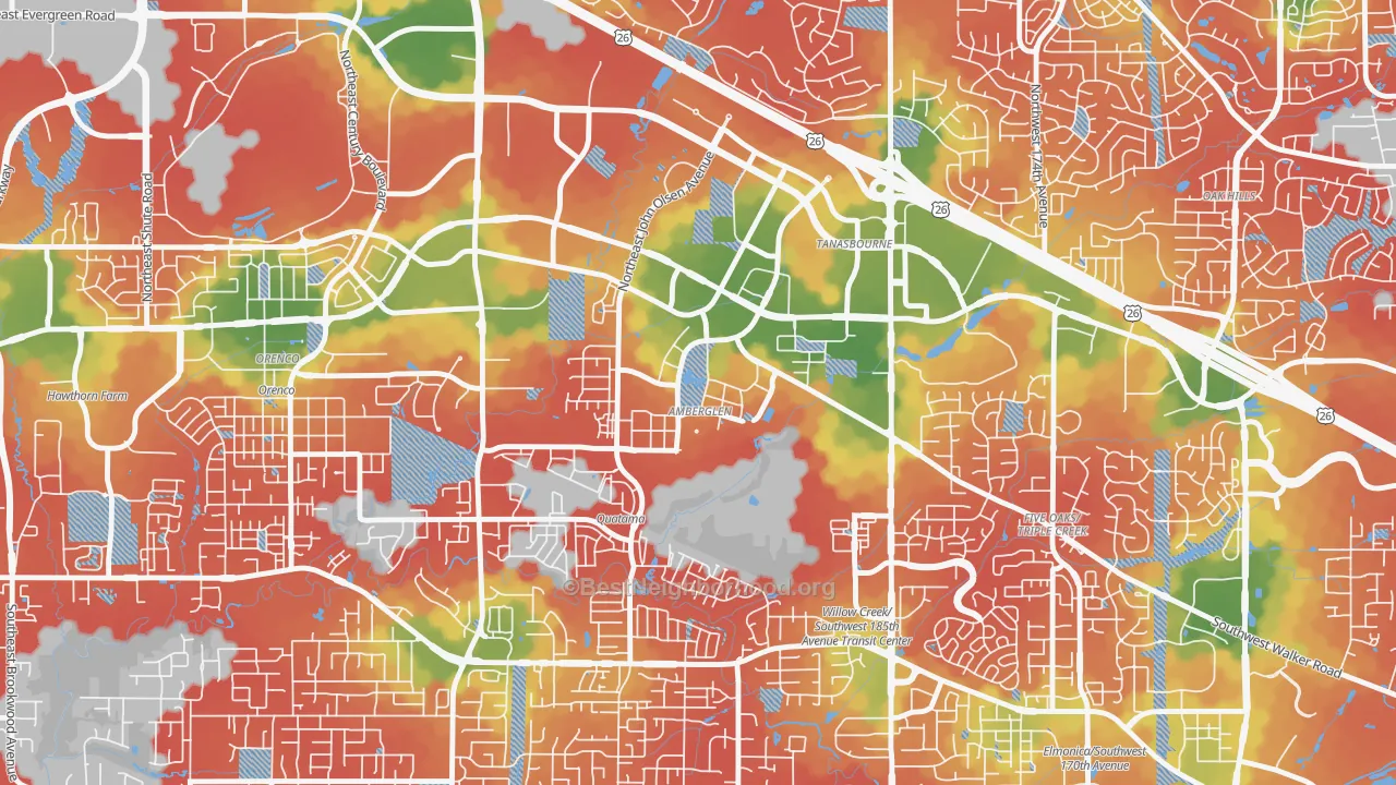 Walk Grade map of Sommerset West-Elmonica South, Hillsboro, OR, walkable areas in green and car-dependent areas in red