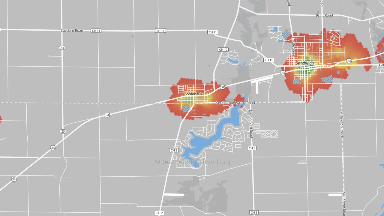 Walk Grade map of Somonauk, IL, walkable areas in green and car-dependent areas in red