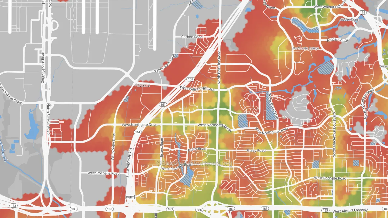 Walk Grade map of Song, Irving, TX, walkable areas in green and car-dependent areas in red
