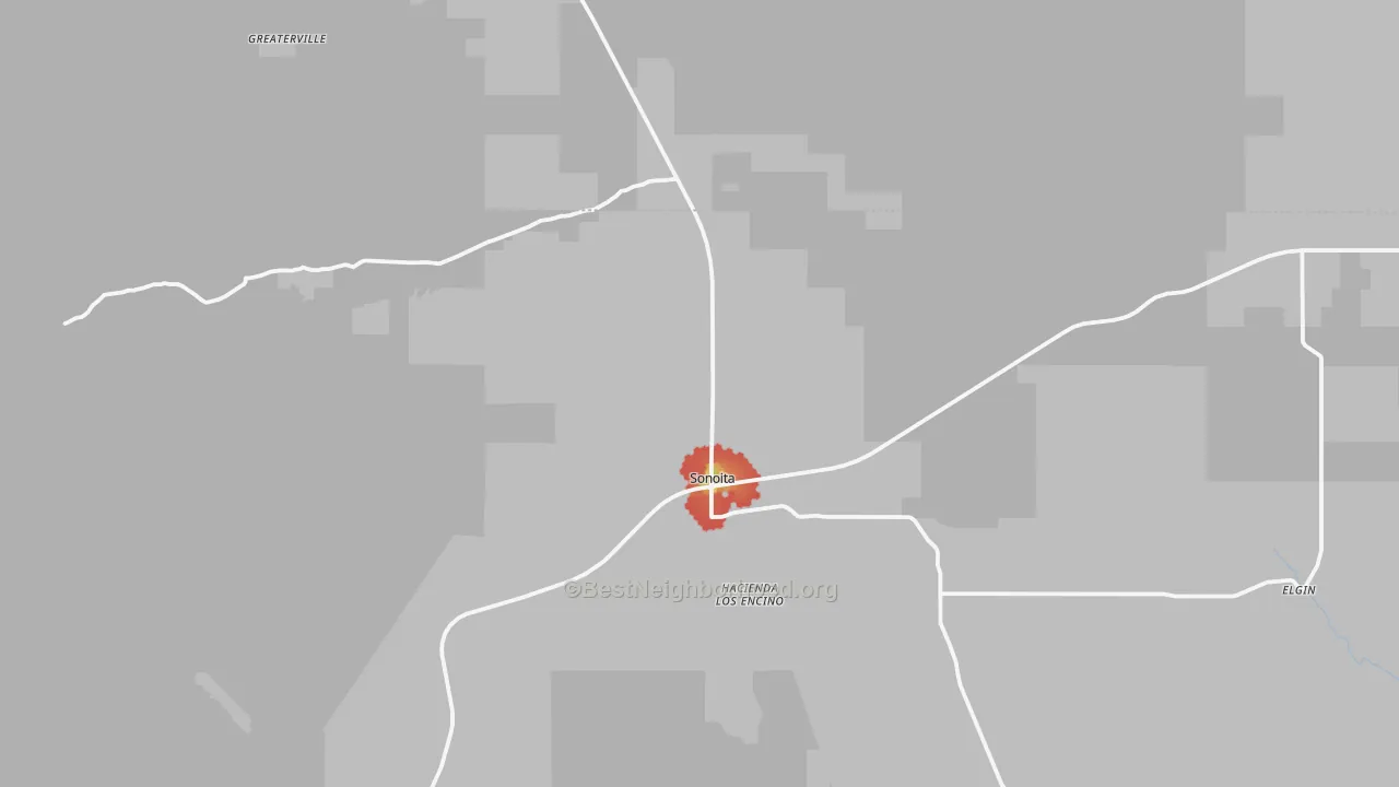Walk Grade map of Sonoita, AZ, walkable areas in green and car-dependent areas in red