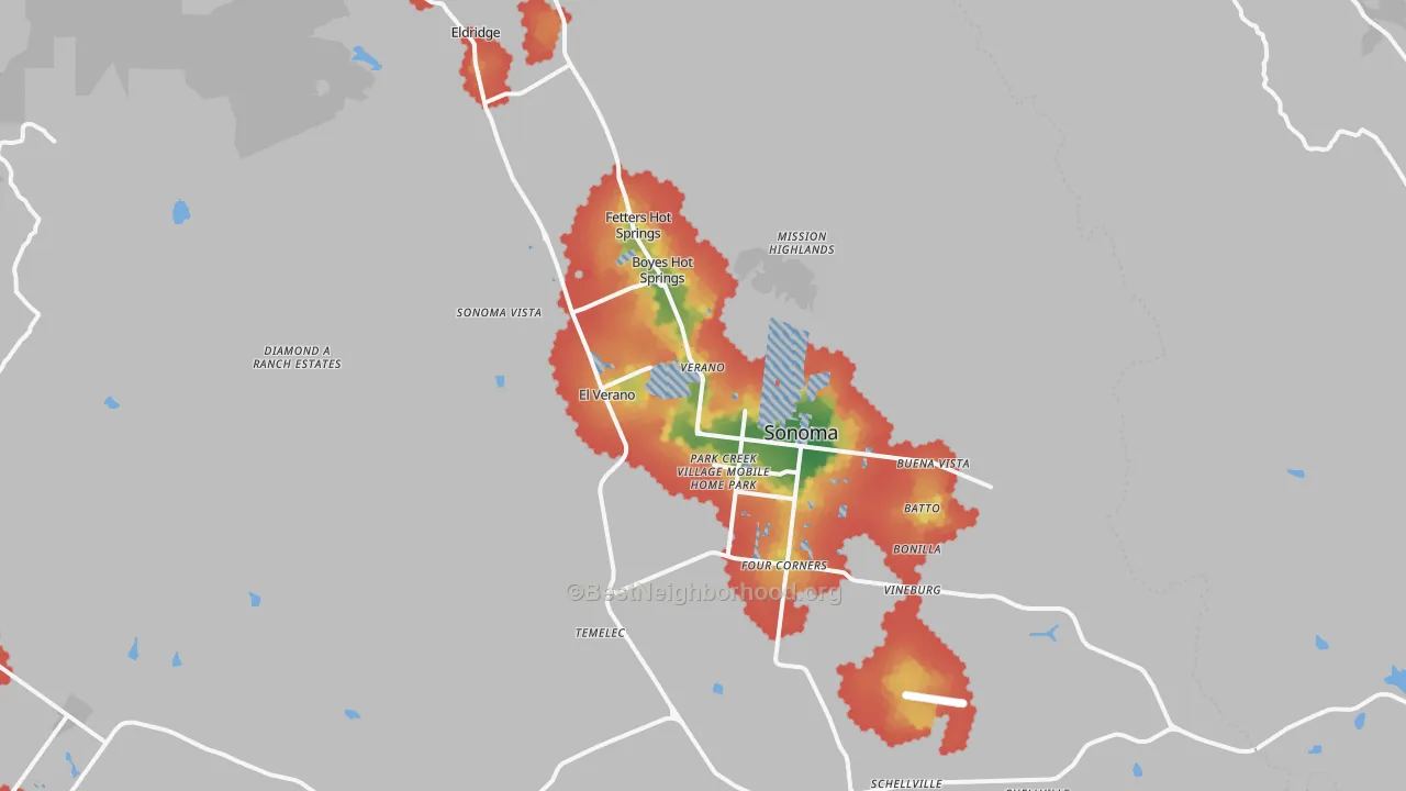 Walk Grade map of Sonoma, CA, walkable areas in green and car-dependent areas in red
