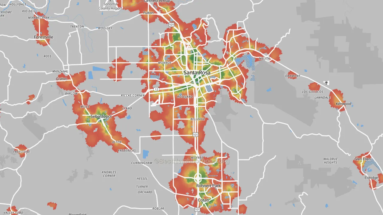 Walk Grade map of Sonoma County, CA, walkable areas in green and car-dependent areas in red