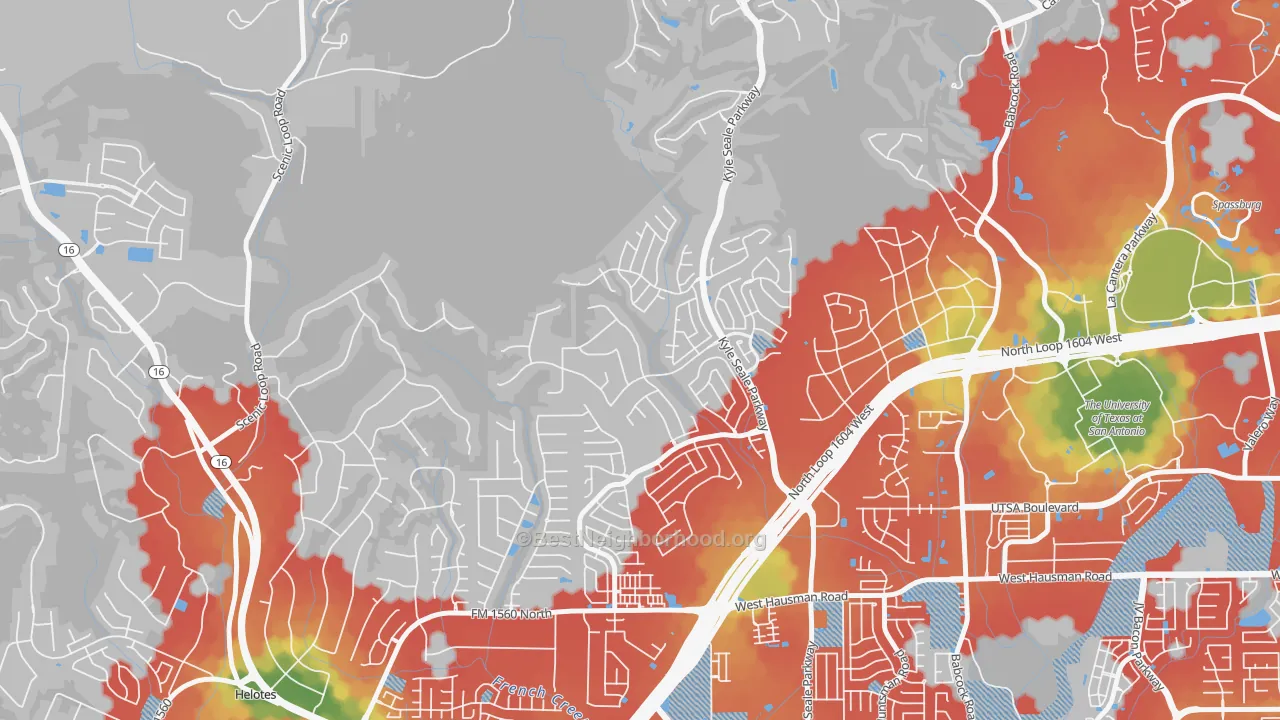 Walk Grade map of Sonoma Ranch, Helotes, TX, walkable areas in green and car-dependent areas in red