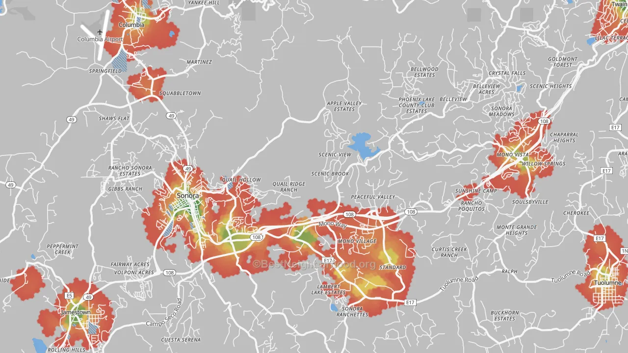 Walk Grade map of Sonora, CA, walkable areas in green and car-dependent areas in red