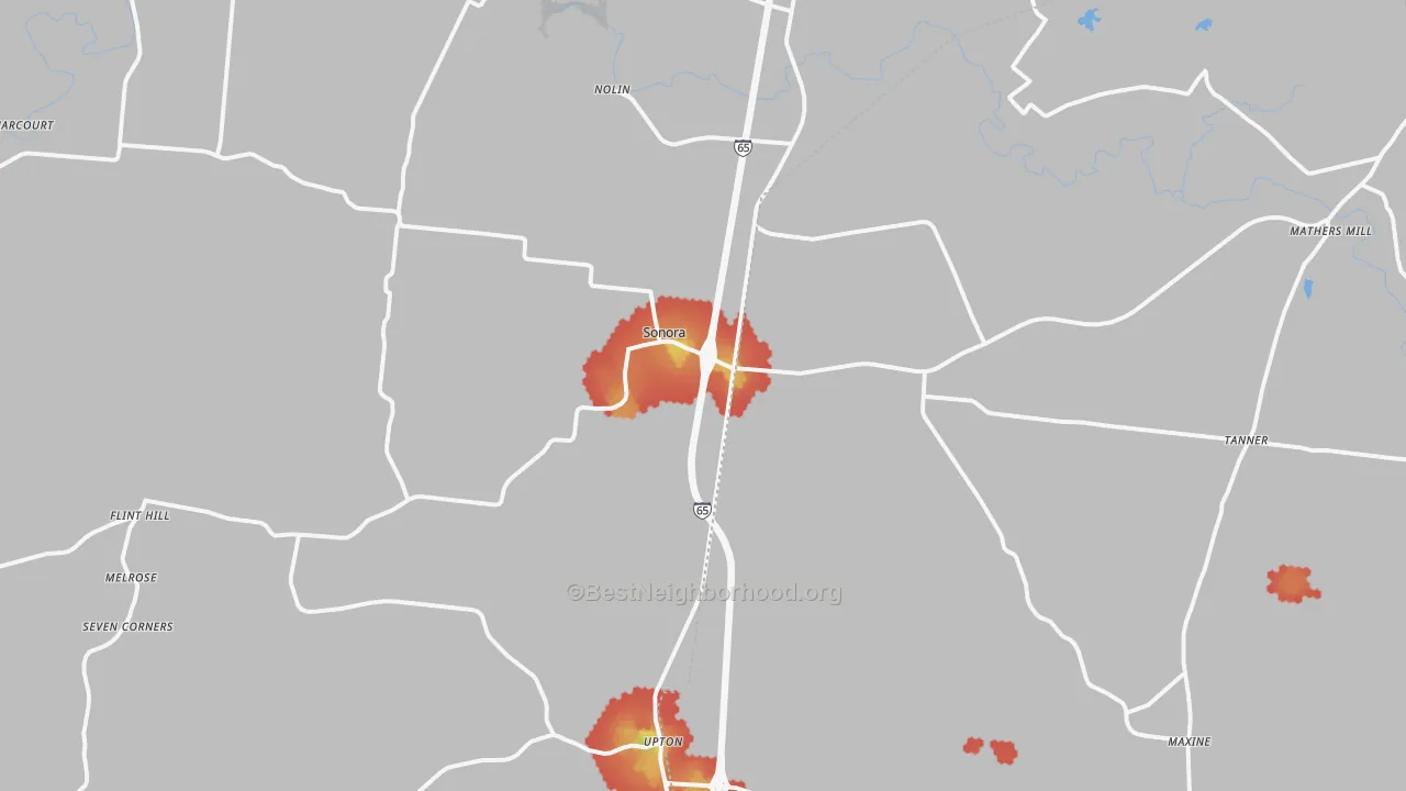 Walk Grade map of Sonora, KY, walkable areas in green and car-dependent areas in red