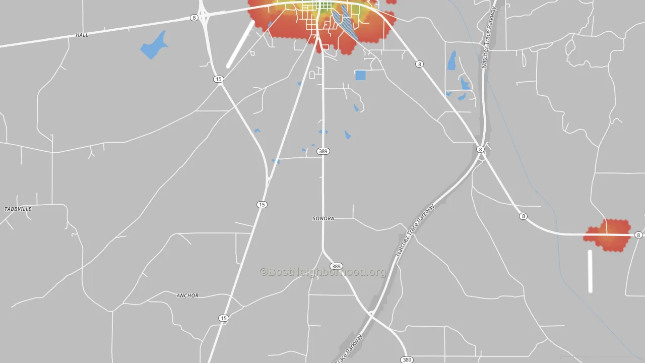 Walk Grade map of Sonora, MS, walkable areas in green and car-dependent areas in red