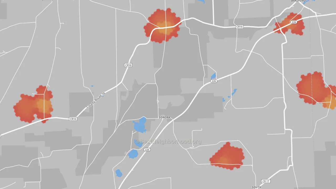 Walk Grade map of Sonora, NY, walkable areas in green and car-dependent areas in red
