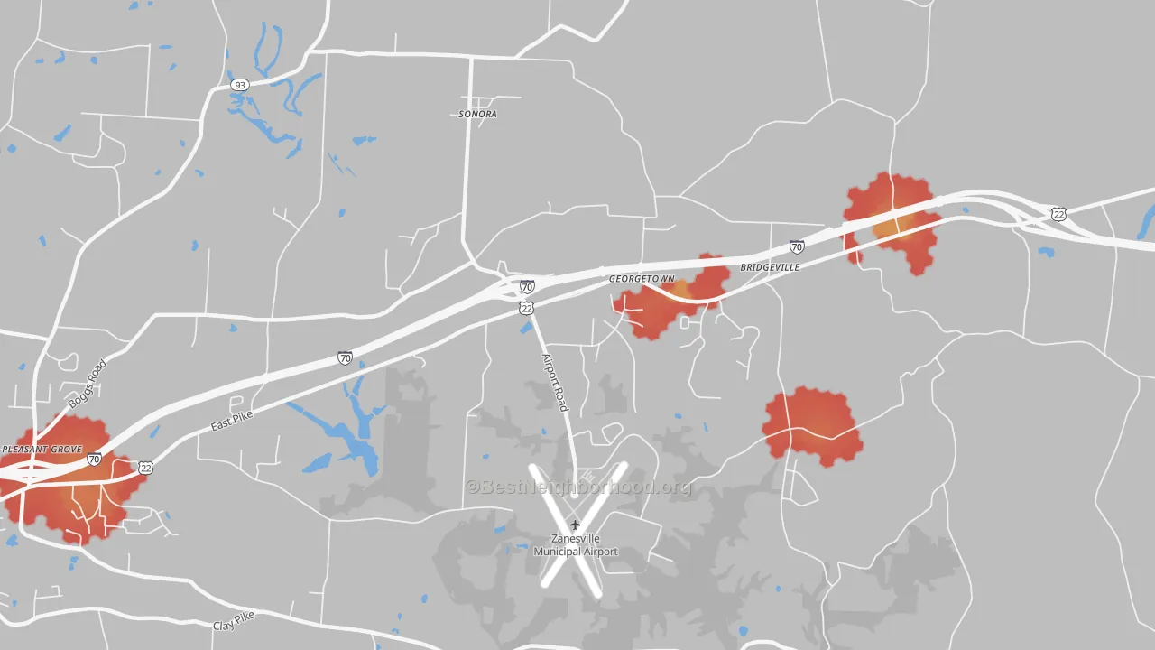Walk Grade map of Sonora, OH, walkable areas in green and car-dependent areas in red