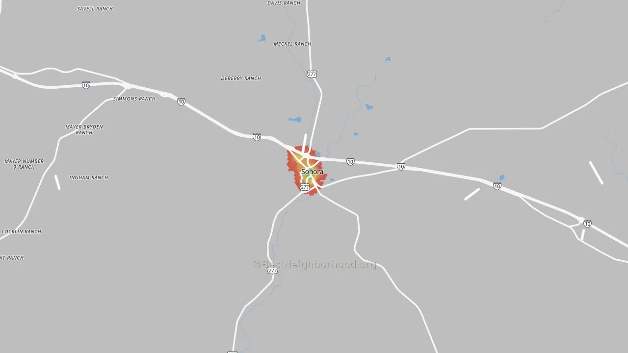 Walk Grade map of Sonora, TX, walkable areas in green and car-dependent areas in red