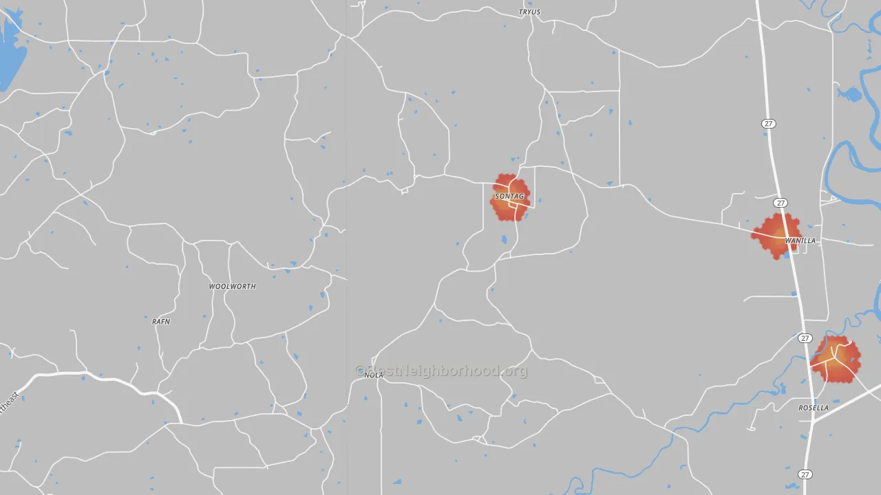 Walk Grade map of Sontag, MS, walkable areas in green and car-dependent areas in red