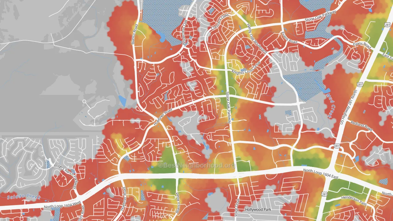 Walk Grade map of Sonterra-Stone Oak, San Antonio, TX, walkable areas in green and car-dependent areas in red