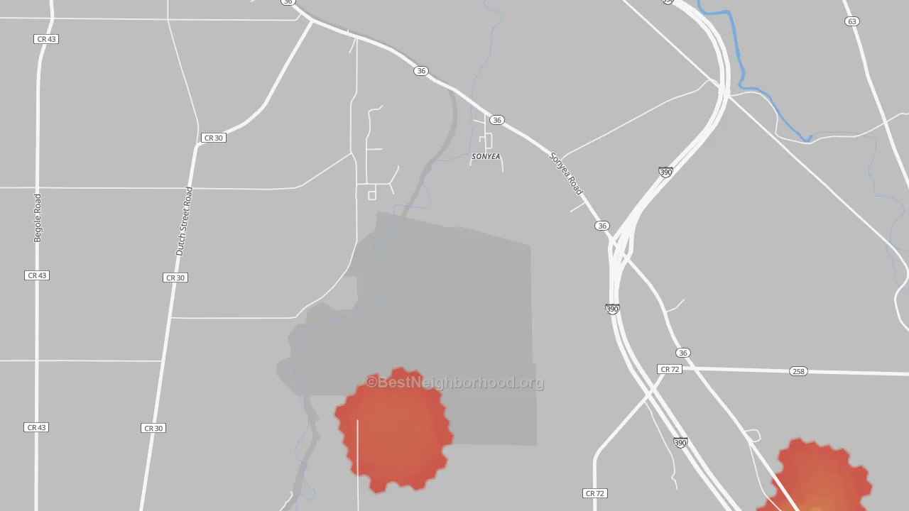 Walk Grade map of Sonyea, NY, walkable areas in green and car-dependent areas in red