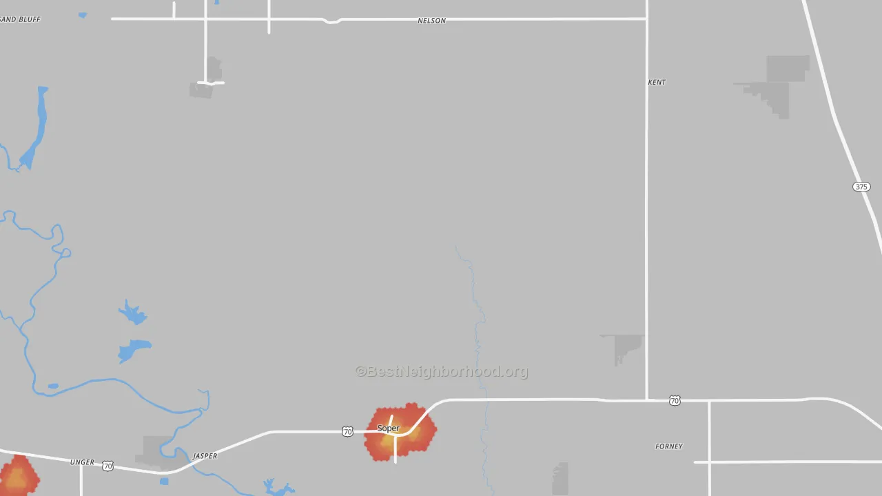 Walk Grade map of Soper, OK, walkable areas in green and car-dependent areas in red