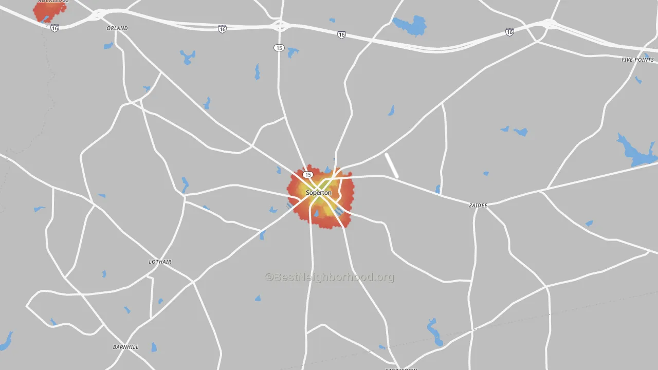 Walk Grade map of Soperton, GA, walkable areas in green and car-dependent areas in red