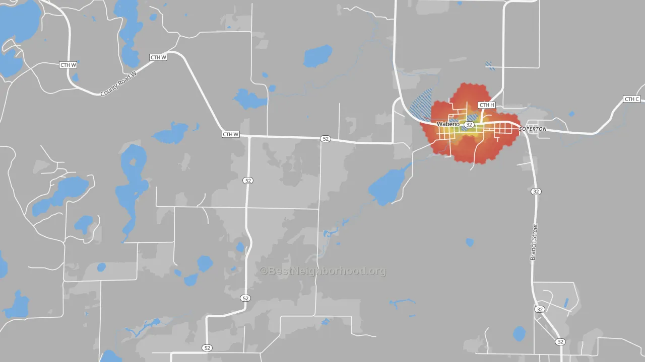 Walk Grade map of Soperton, WI, walkable areas in green and car-dependent areas in red