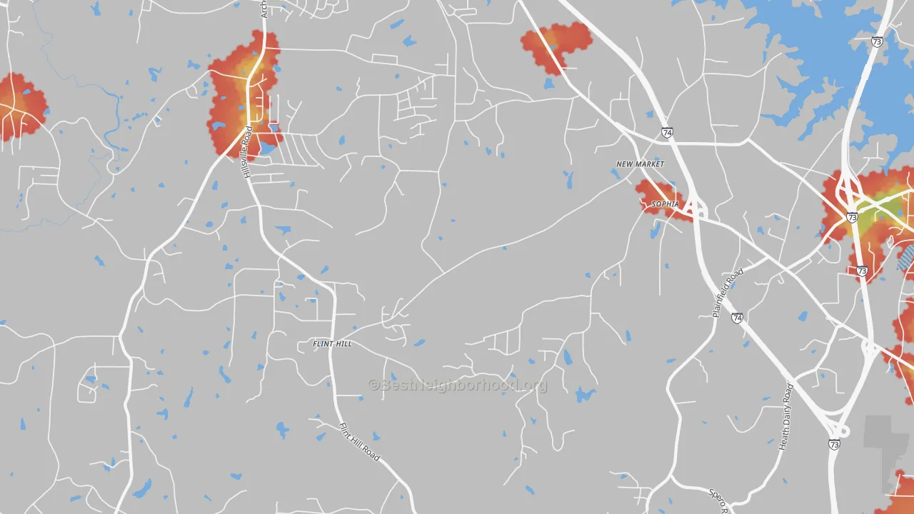 Walk Grade map of Sophia, NC, walkable areas in green and car-dependent areas in red