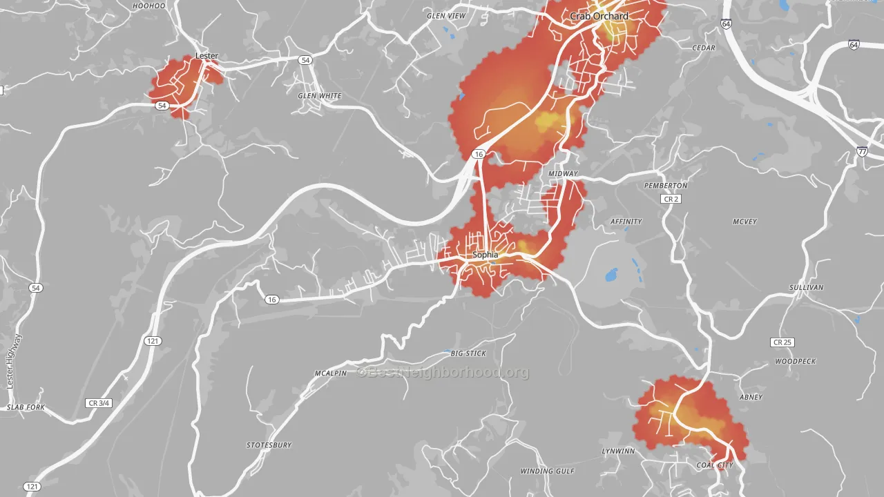Walk Grade map of Sophia, WV, walkable areas in green and car-dependent areas in red