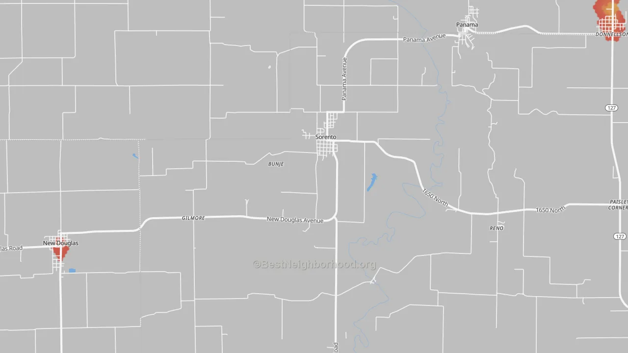Walk Grade map of Sorento, IL, walkable areas in green and car-dependent areas in red