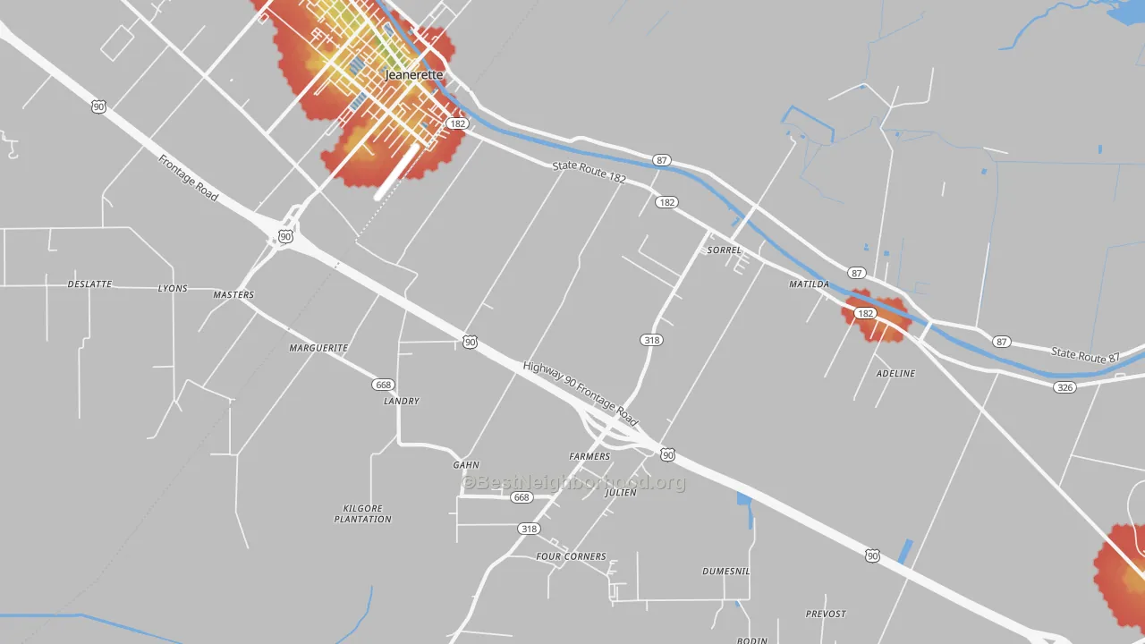 Walk Grade map of Sorrel, LA, walkable areas in green and car-dependent areas in red