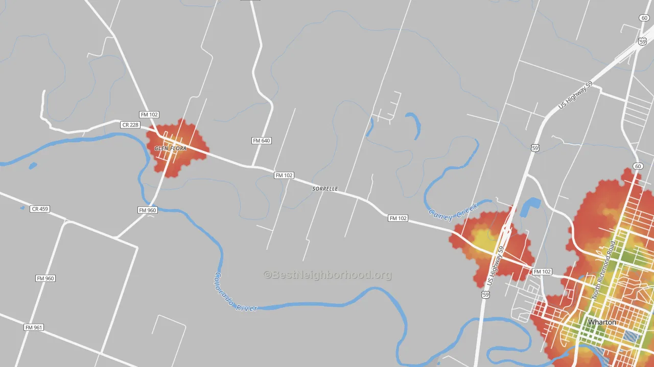 Walk Grade map of Sorrelle, TX, walkable areas in green and car-dependent areas in red