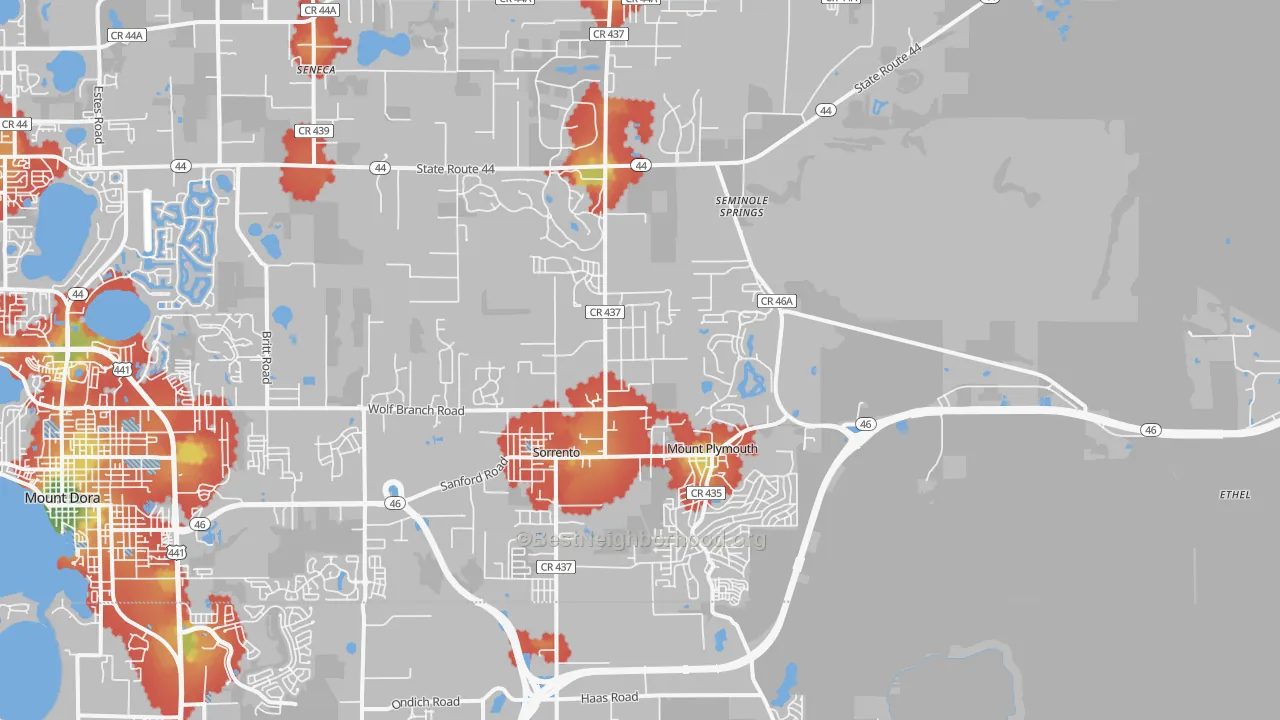 Walk Grade map of Sorrento, FL, walkable areas in green and car-dependent areas in red