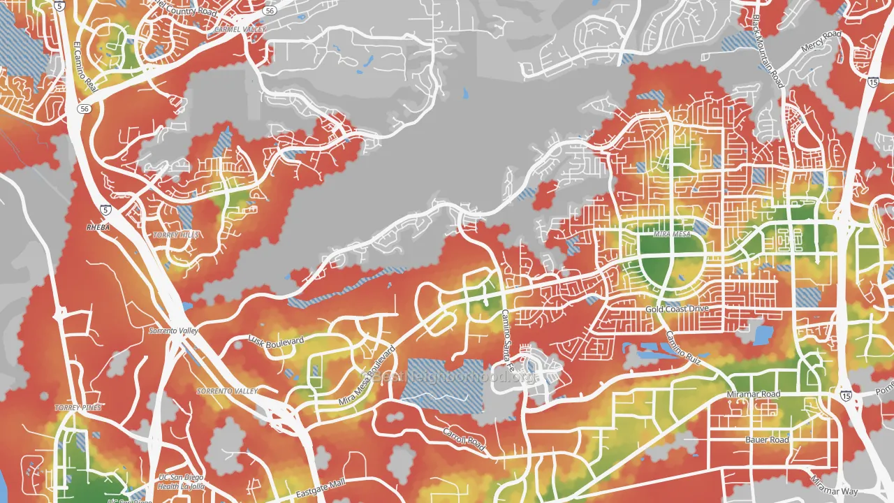 Walk Grade map of Sorrento Valley, San Diego, CA, walkable areas in green and car-dependent areas in red