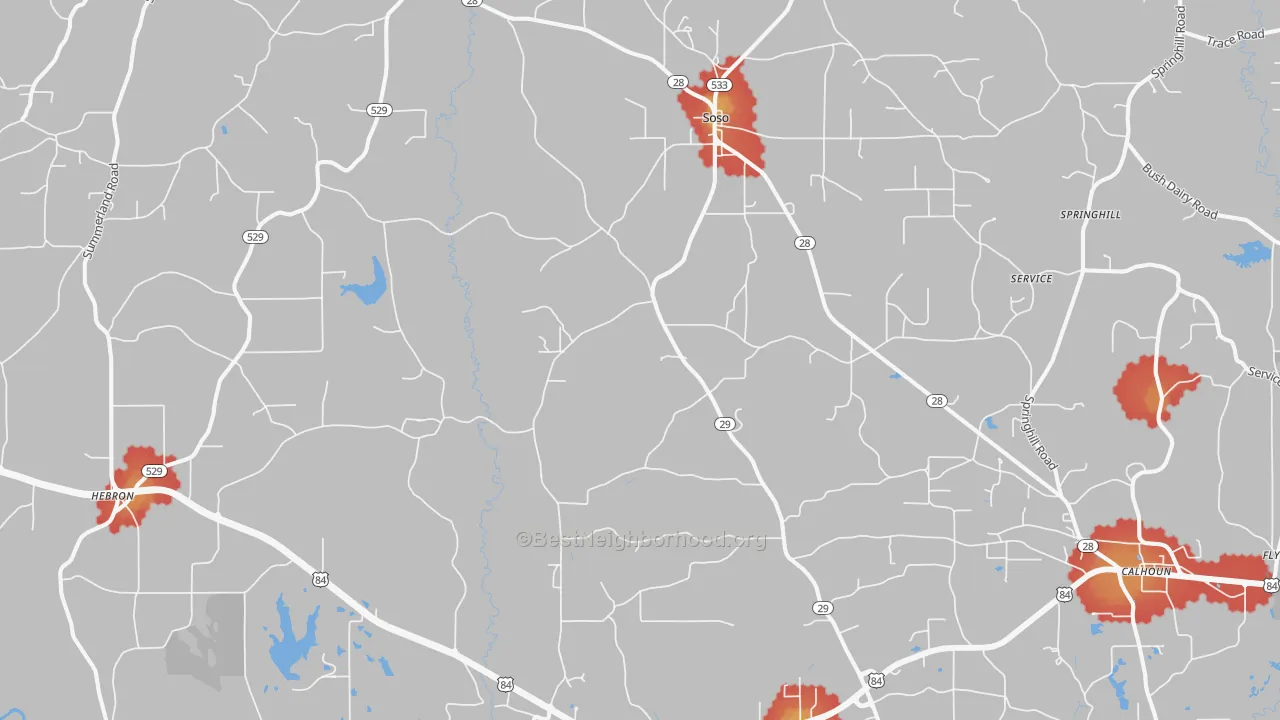 Walk Grade map of Soso, MS, walkable areas in green and car-dependent areas in red