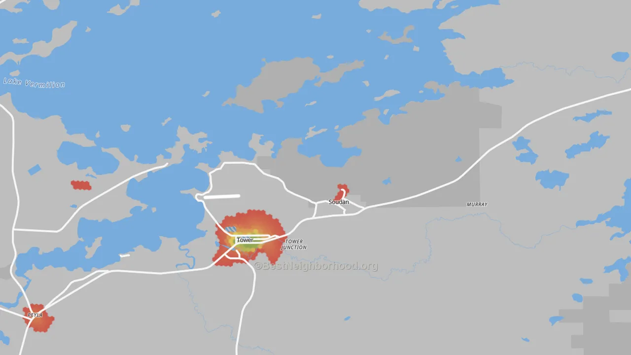 Walk Grade map of Soudan, MN, walkable areas in green and car-dependent areas in red