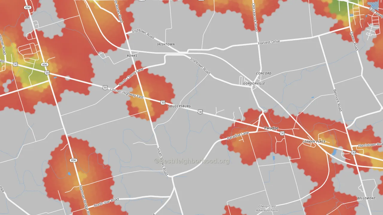 Walk Grade map of Soudersburg, PA, walkable areas in green and car-dependent areas in red