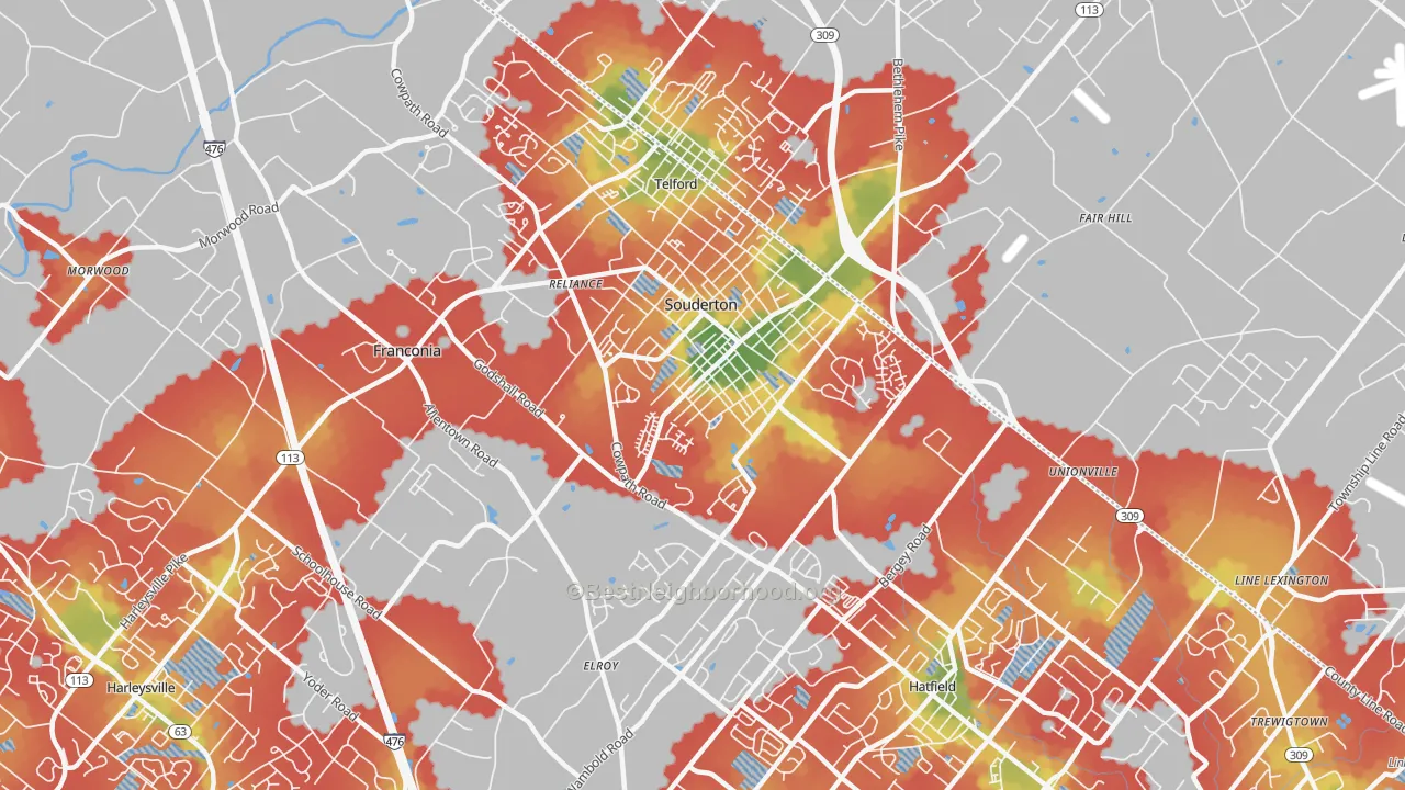 Walk Grade map of Souderton, PA, walkable areas in green and car-dependent areas in red
