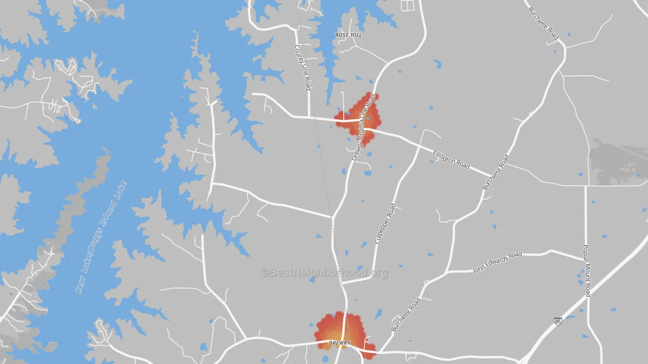 Walk Grade map of Soul City, NC, walkable areas in green and car-dependent areas in red