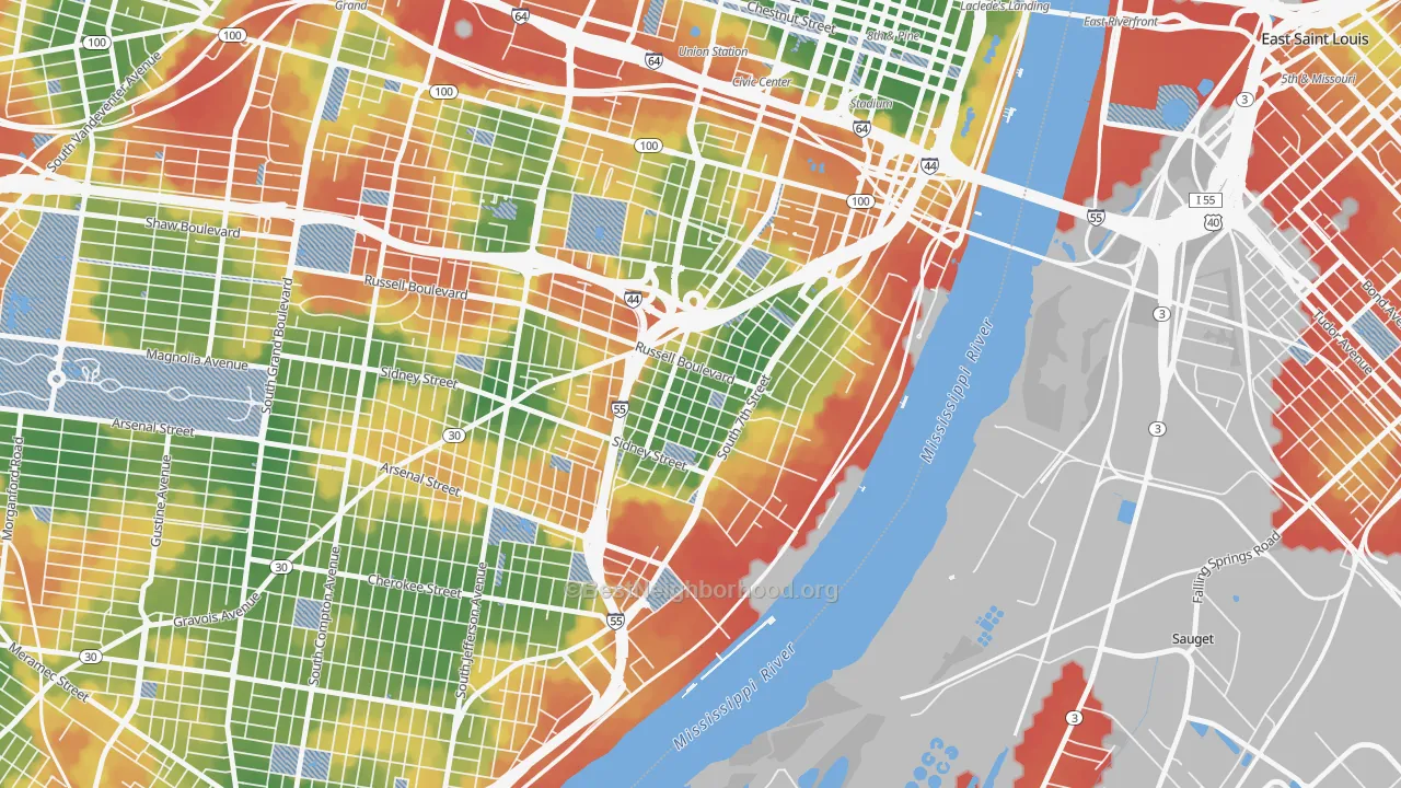 Walk Grade map of Soulard, St. Louis, MO, walkable areas in green and car-dependent areas in red