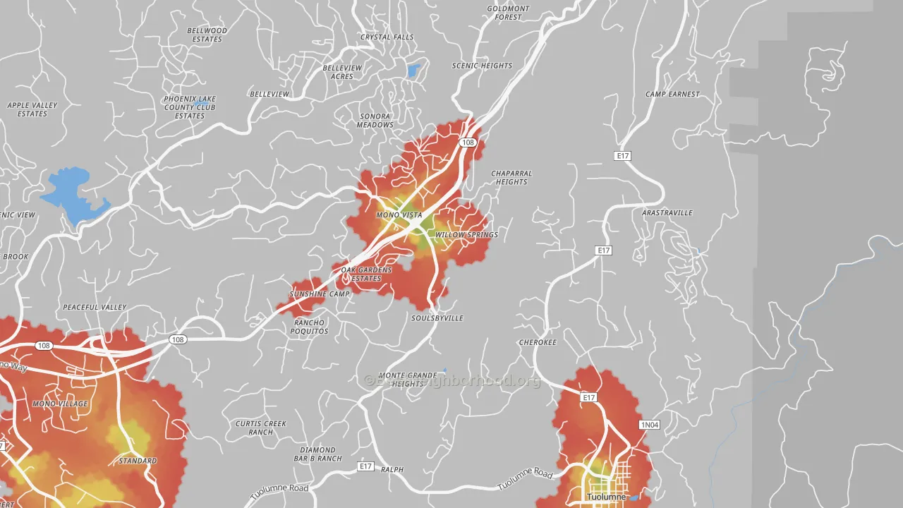 Walk Grade map of Soulsbyville, CA, walkable areas in green and car-dependent areas in red