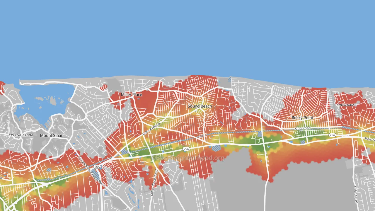 Walk Grade map of Sound Beach, NY, walkable areas in green and car-dependent areas in red