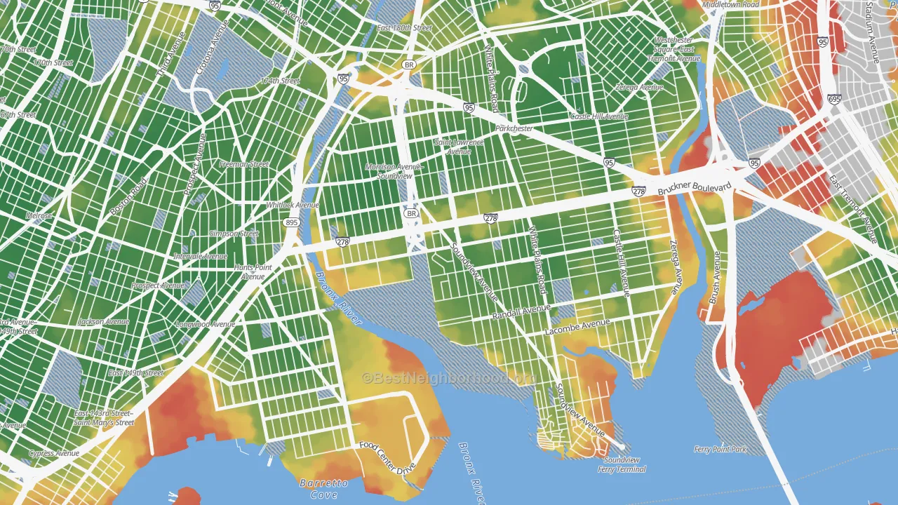 Walk Grade map of Soundview, Bronx, NY, walkable areas in green and car-dependent areas in red