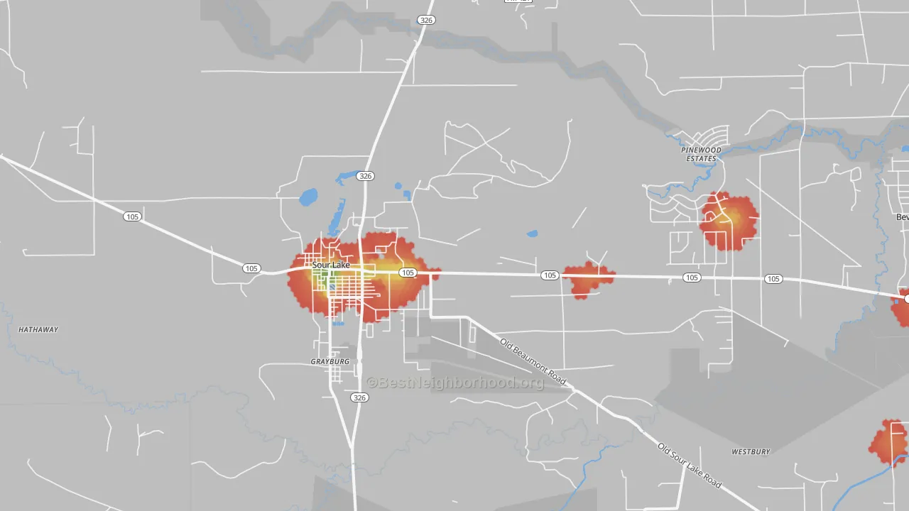 Walk Grade map of Sour Lake, TX, walkable areas in green and car-dependent areas in red