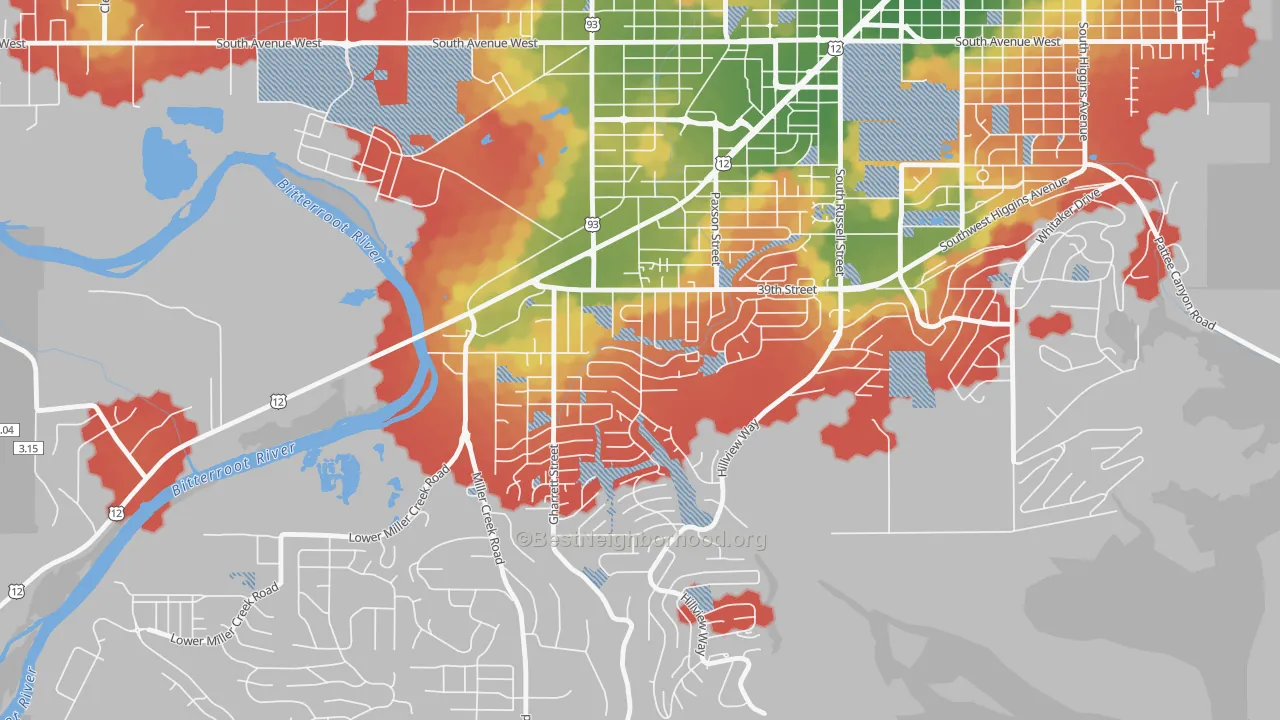 Walk Grade map of South 39th Street, Missoula, MT, walkable areas in green and car-dependent areas in red
