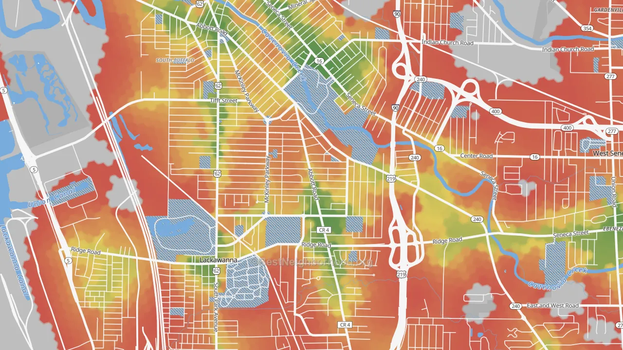 Walk Grade map of South Abbott, Buffalo, NY, walkable areas in green and car-dependent areas in red