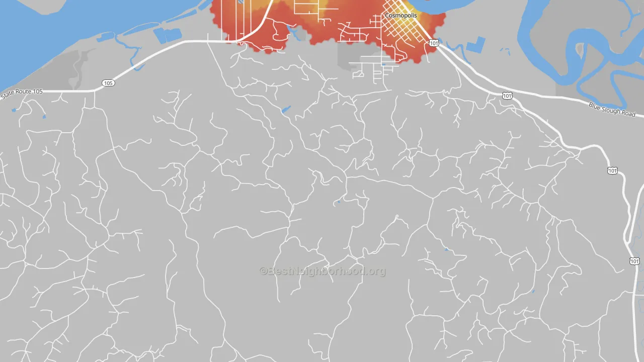 Walk Grade map of South Aberdeen, WA, walkable areas in green and car-dependent areas in red