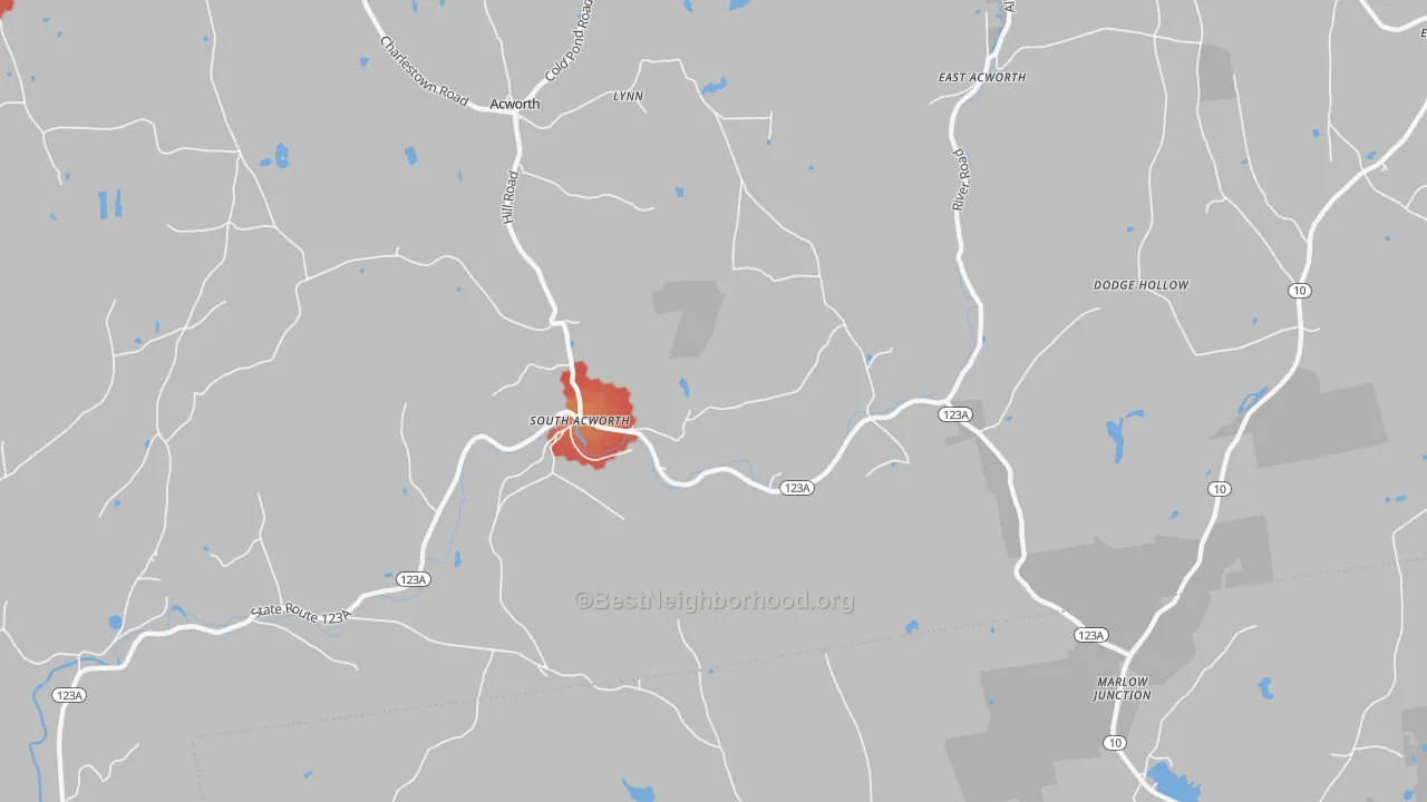 Walk Grade map of South Acworth, NH, walkable areas in green and car-dependent areas in red