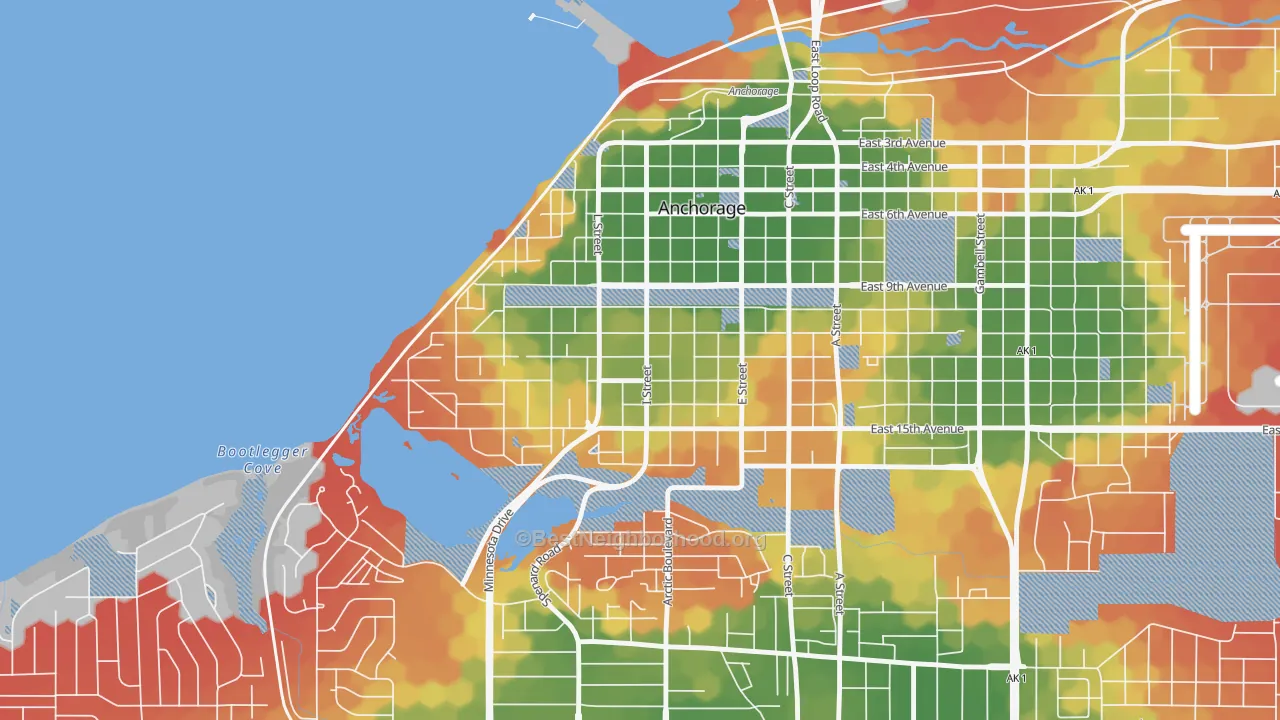 Walk Grade map of South Addition, Anchorage, AK, walkable areas in green and car-dependent areas in red