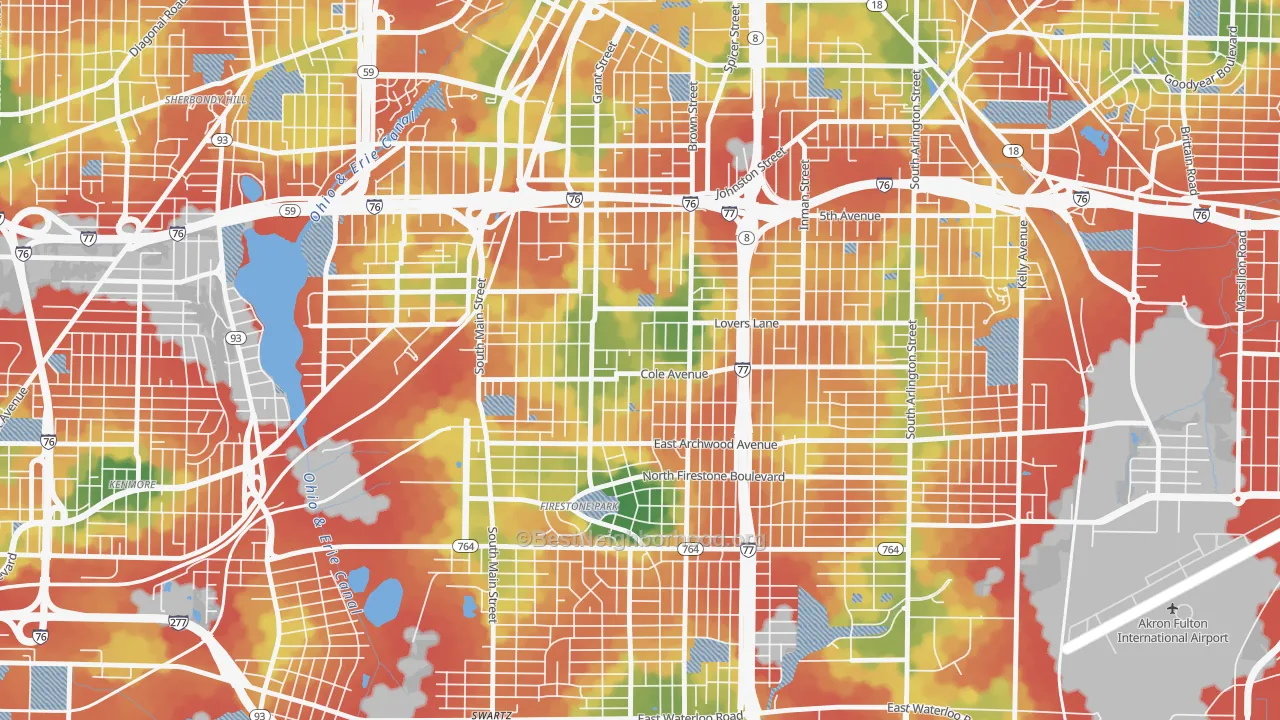 Walk Grade map of South Akron, Akron, OH, walkable areas in green and car-dependent areas in red