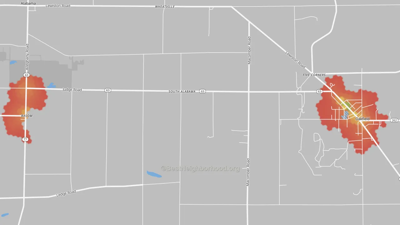 Walk Grade map of South Alabama, NY, walkable areas in green and car-dependent areas in red