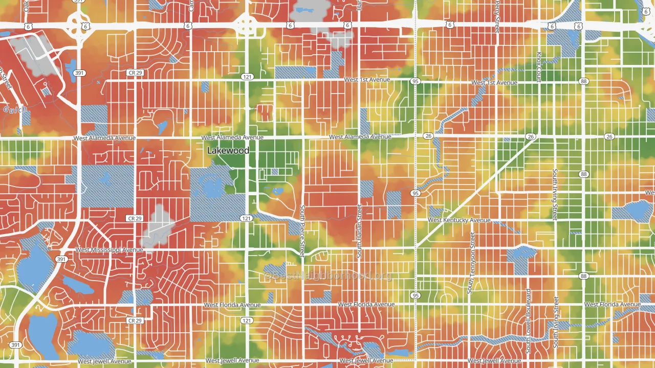 Walk Grade map of South Alameda, Lakewood, CO, walkable areas in green and car-dependent areas in red