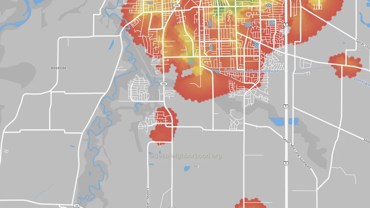 Walk Grade map of South Albany, Albany, OR, walkable areas in green and car-dependent areas in red